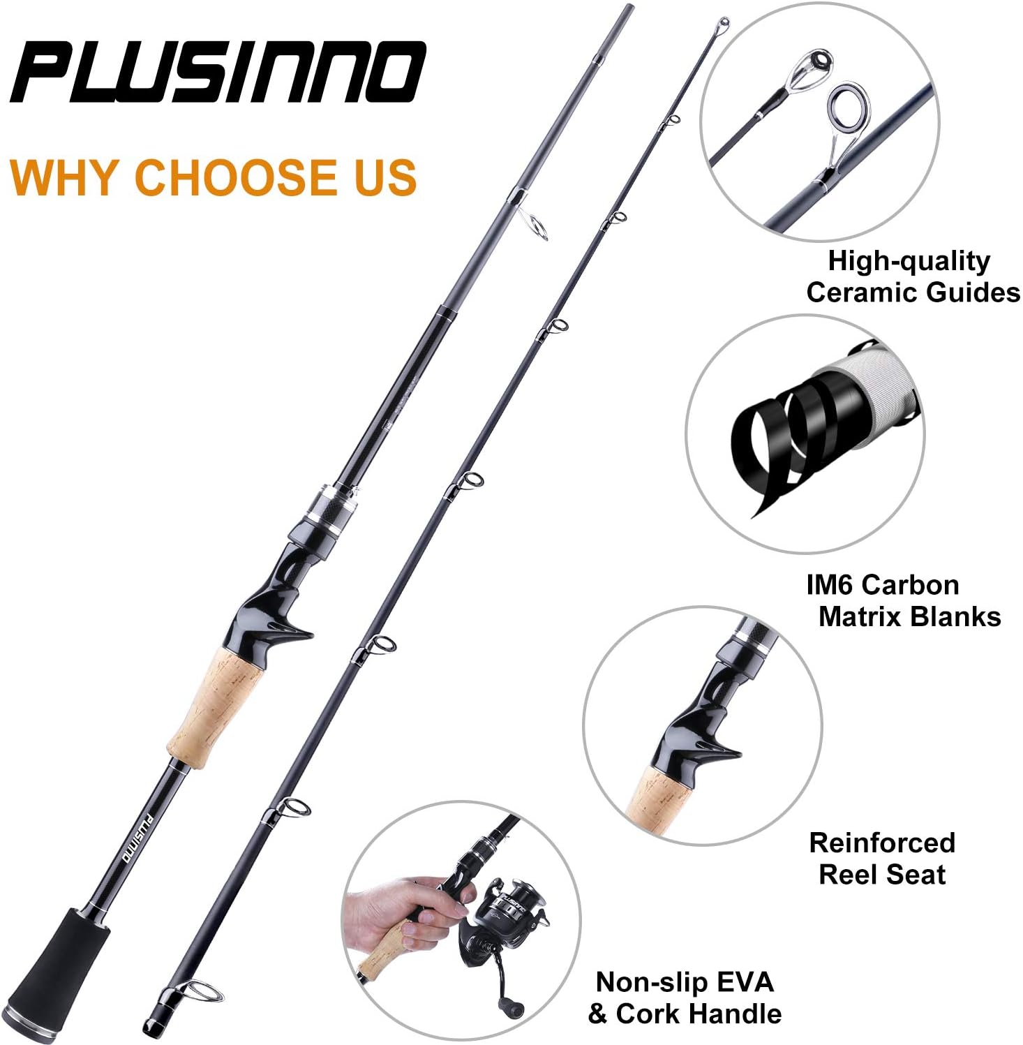 PLUSINNO Elite Hunter Fishing Rod - 7FT IM6 Graphite Spinning & Casting Rod with Stainless Steel Guides | Golden Finish