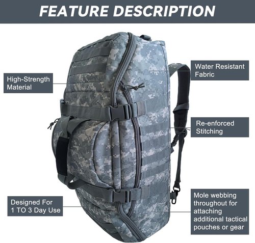 Hannibal Tactical 65L Duffle Bag - Versatile 3-in-1 Tactical Backpack for Sports & Outdoor Activities
