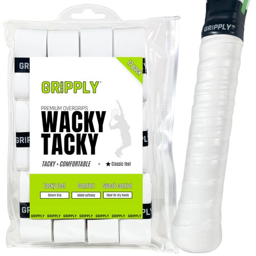 GRIPPLY Wacky Tacky Tennis Overgrips – 12 Pack Ultra Sticky, Non-Slip, Sweat-Proof Racquet Grip Tape Control – (12 Pack White)