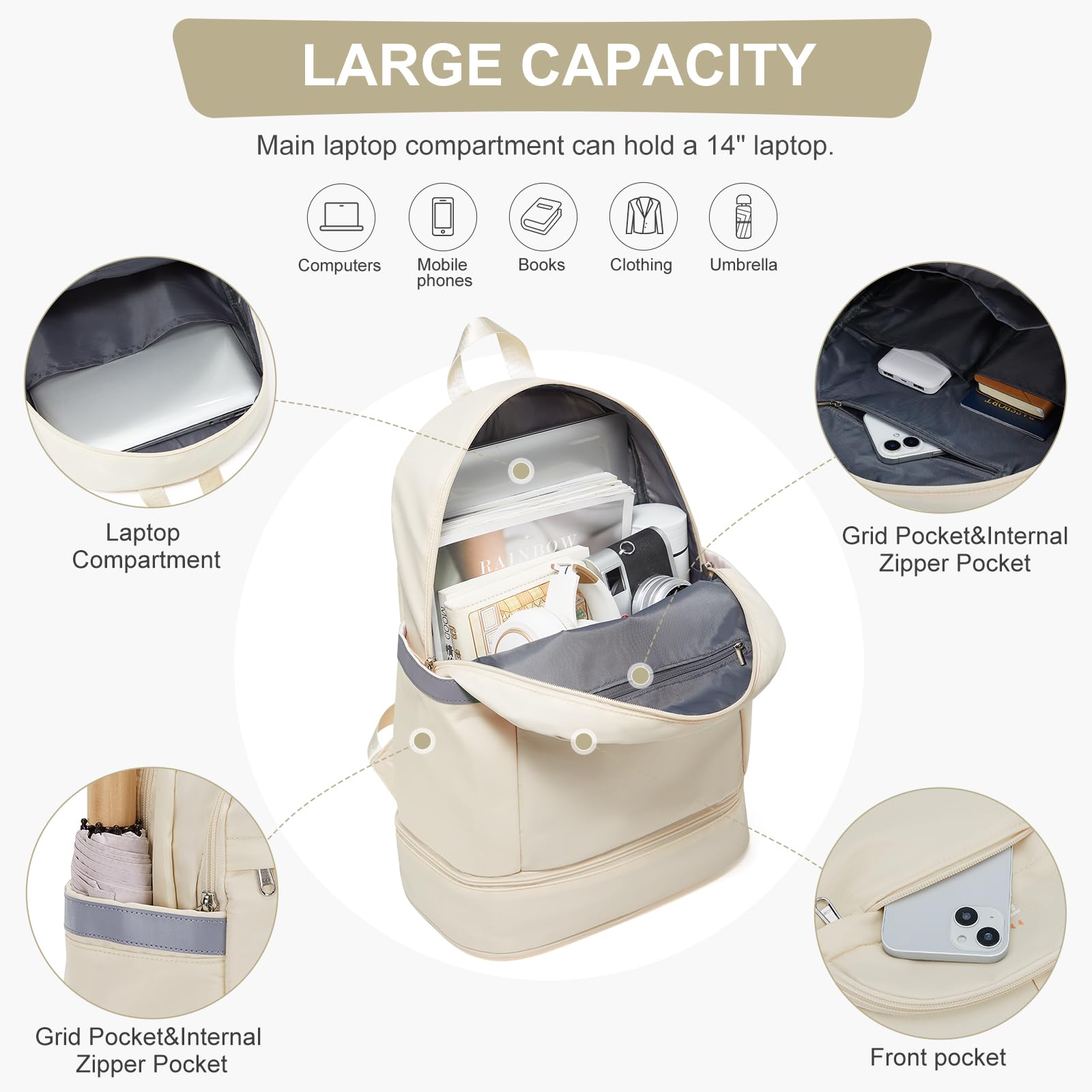 coofay Gym Backpack For Women Men Dance Sports Backpack With Shoe Compartment Waterproof Travel Backpacks Gym Bag Beige