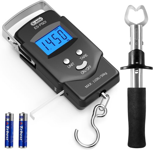 Dr.meter Fish Scale - 110lb Digital Weight Scale with Backlit LCD & Built-in Measuring Tape | Stainless Steel Gripper Tool