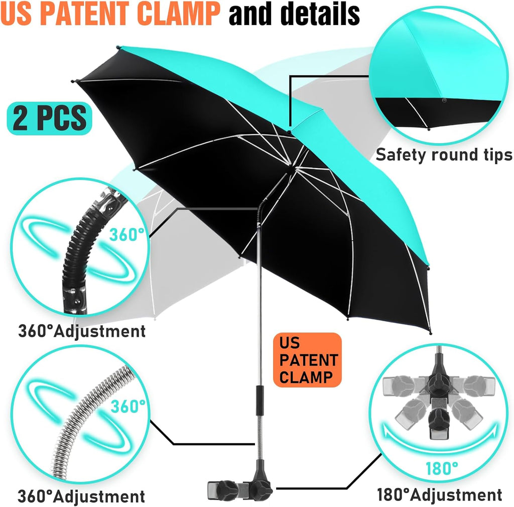 Skiennix Beach Umbrella - 360° Adjustable UPF50+ Sun Protection - 2 Pack for Chairs & Carts