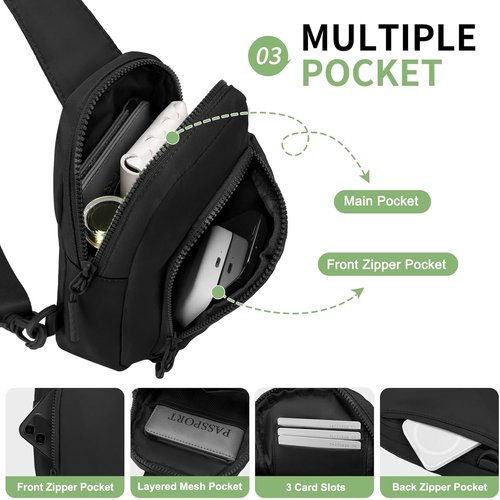 Mini Sling Bag for Men Women, Crossbody Fanny Packs Fits for 6.3" Phone, Reversible Nylon Chest Bag for Travel Running Hiking (Black)