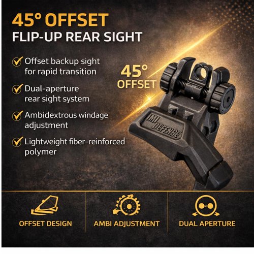 IMI Defense TFS Front and Rear Flip-Up Iron Sights – Polymer Backup Sight Set, Dual Aperture, Fiber-Reinforced, 45-Degree Offset (Black)