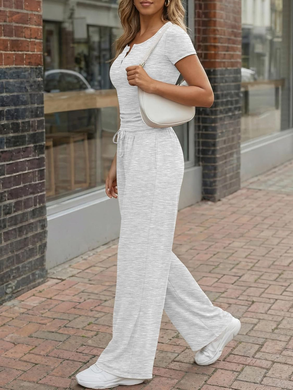 Trendy Queen Women's Lounge Set - Summer Henley Crop Top & Wide Leg Pants | Casual Comfort