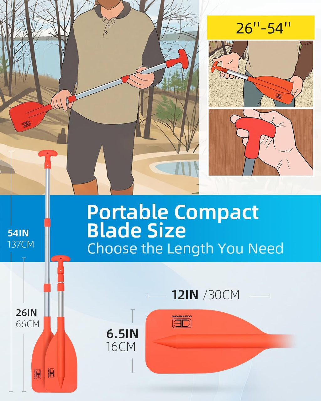 OCEANBROAD Telescoping Emergency Paddle - Adjustable 21'' to 42'' | Durable Aluminium for Kayaking & Canoeing