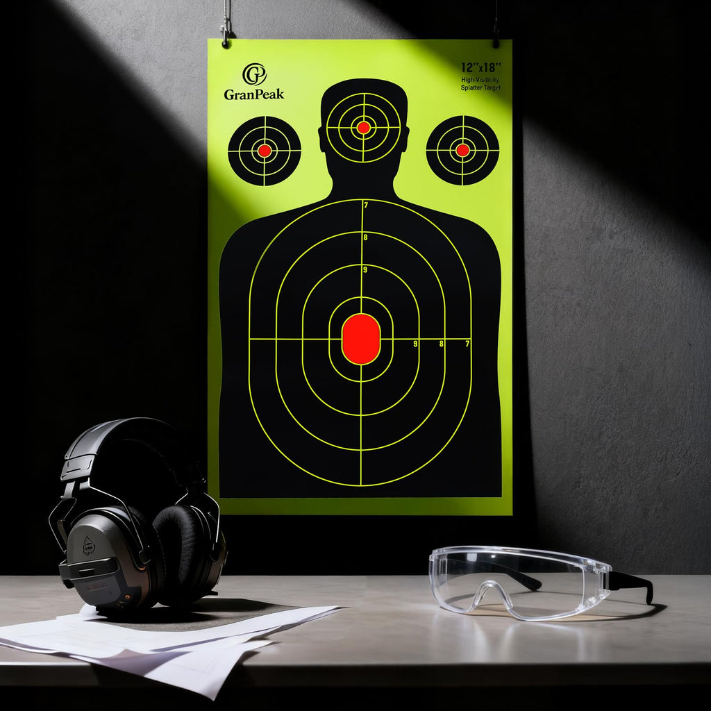 GranPeak 12 x18 inch, Silhouette Splatter Targets, Adhesive Shooting Targets, Shots Burst Bright Fluorescent Yellow, Great for All Firearms (25 Pack)