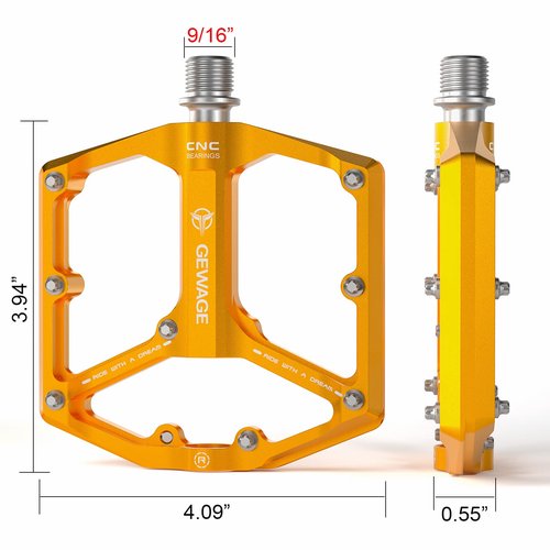 Road/Mountain Bike Pedals - 3 Bearings Bicycle Pedals - 9/16” CNC Machined Flat Pedals with Removable Anti-Skid Nails (Gold)