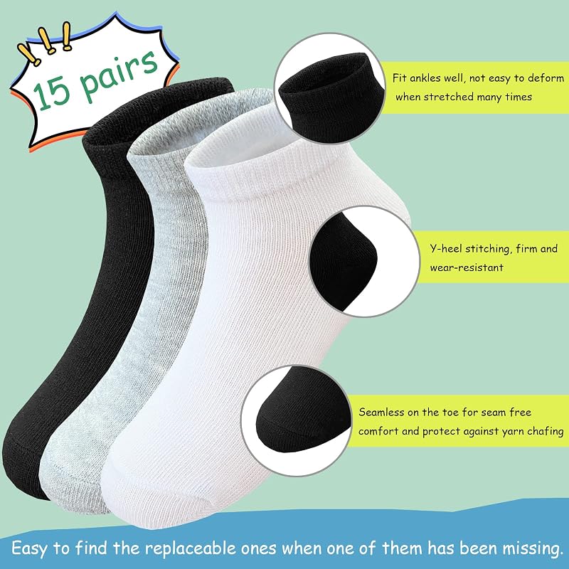 15 Pairs Kids Ankle Athletic Socks - Half Cushion Low Cut Sports Socks (Variation: Black, White, Grey, 10-14 Years)