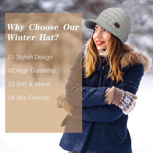 Winter Hats for Women - Warm Cute Knit Winter Hat, Casual Stylish Knitted Beanie Hat for Women, Soft Stretch Womens Winter Hats with Visor, Gray