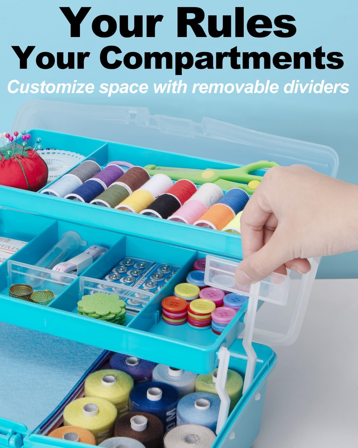 Skiennix 12-Inch 3-Layer Craft Organizer - Portable Tackle Box with Adjustable Dividers | Blue