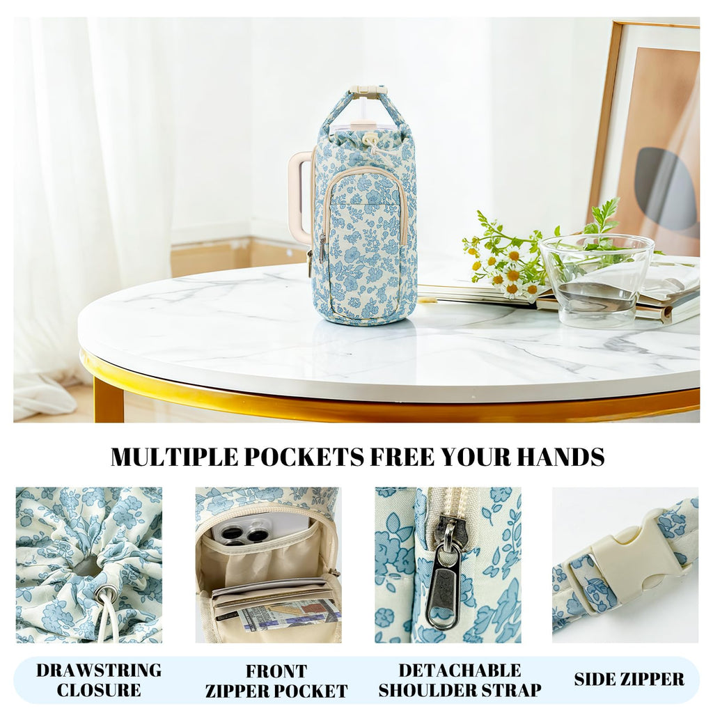 Water Bottle Holder Bag with Strap, Quilted Floral Bag for Stanley Cup, 40/32 oz Crossbody Pouch Gym Accessories, Sling Purses with Phone Pocket for Men Women Hiking Travelling Camping (Blue)