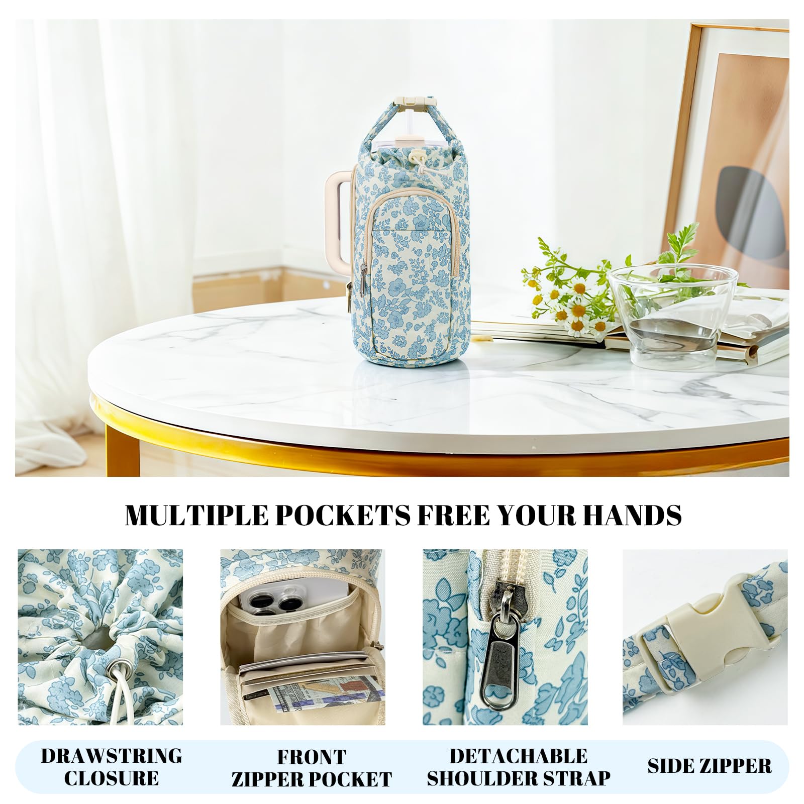 Water Bottle Holder Bag with Strap, Quilted Floral Bag for Stanley Cup, 40/32 oz Crossbody Pouch Gym Accessories, Sling Purses with Phone Pocket for Men Women Hiking Travelling Camping (Blue)