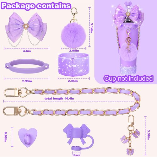 Mity rain Bling Cup Accessories for Stanley Cup 30oz 40oz 20oz Tumbler with Handle, including Bow Straw Topper Cover, Straw Bow Decorate, Leather Water Bottle Handle Strap, Boot (Purple)