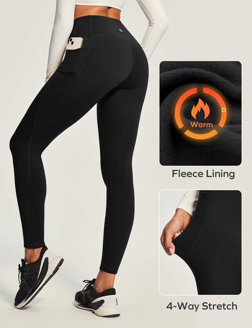 Ewedoos Fleece Lined Leggings Women No Front Seam Compression Thermal Leggings Tummy Control with Pockets Warm Yoga Pants Black