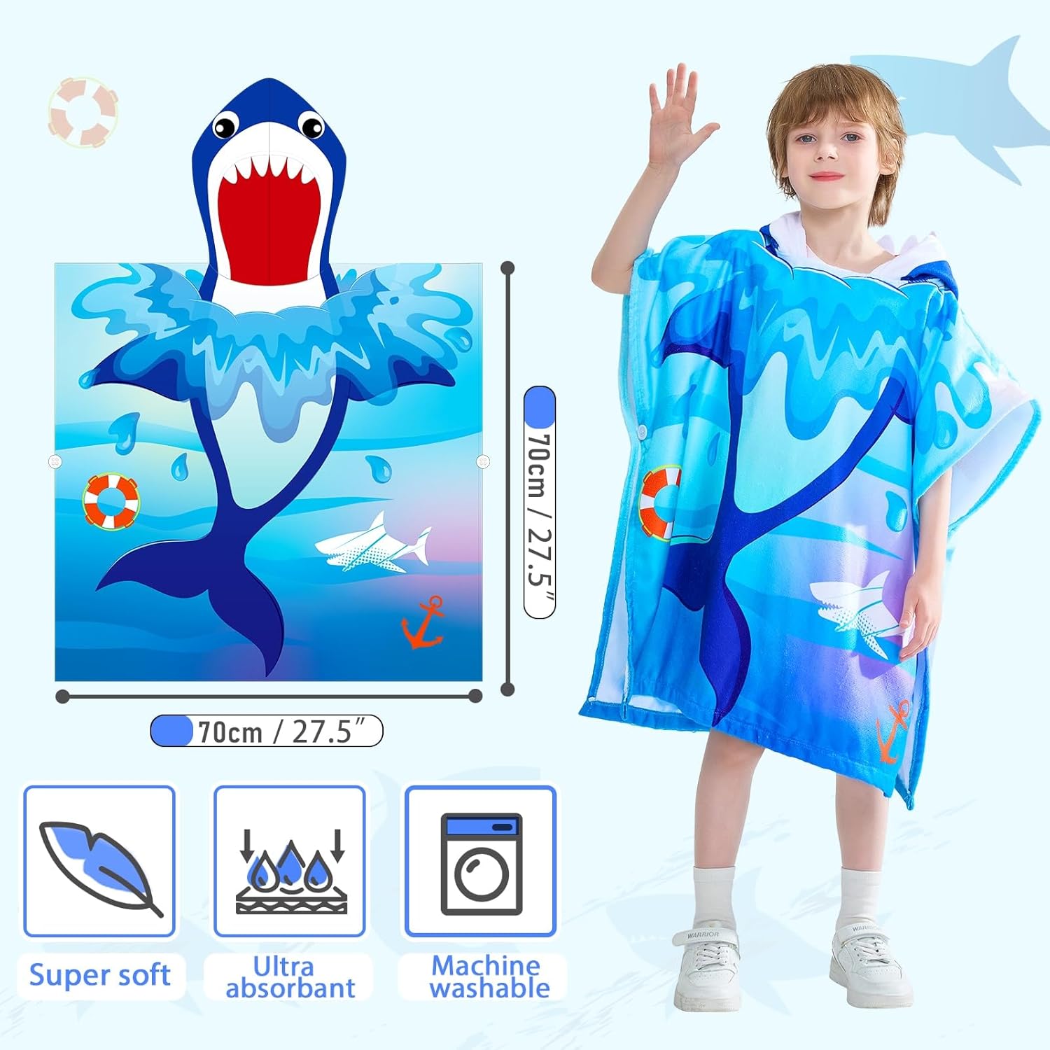 WERNNSAI Shark Kids Beach Towel - Hooded Towel Wrap 27"" x 27"" Kids Hooded Poncho Sand Free Beach Towel for Girls Bath Pool Quick Dry Soft Kids Bath Towel for Travel Shower Swim, Large