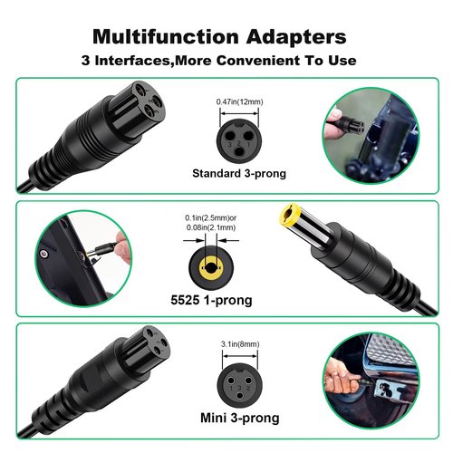36V/42V2A Replacement Charger,3-in-1(5.5mm x 2.5mm / 2.1mm Universal)& 3 Claw(12mm/8mm) Female Port,Compatible with Jetson,Swagtron, Bird, Razor, Segway, Gotrax