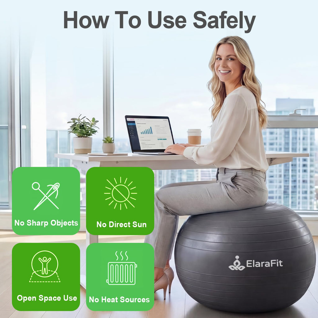 ElaraFit Anti Burst Large Exercise Ball for Yoga Non Slip Pilates Ball with Pump 550 lbs Capacity for Pregnancy, Fitness Size L 23 to 26 inches, About 58 to 65cm (Black)