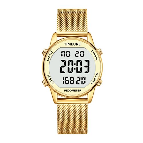 TIMEURE Women's Step Counter Watch with Stainless Steel Bracelet, Stylish Design, No App, No Charging Needed for Step, Calorie, Distance, Alarm, Countdown Timer，TU-2401(Gold)