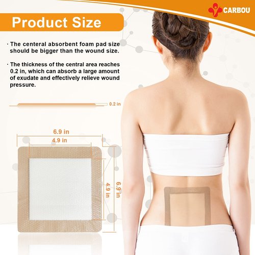 Carbou 5Pcs Silicone Foam Dressing 7" x 7" (17.5cmx17.5cm) - Wound Care Sacrum Foam Dressing with Border Adhesive Waterproof Central Ultra Absorbent-Foam(4.9" X 4.9")Waterproof Silicone Wound Bandage
