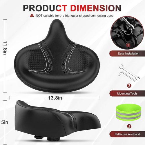 BLUEWIND Oversized Bike Seat, Wide Bicycle Saddle Novel Backrest Design for Electric Bike, Universal Fit Exercise or Road Stationary Bike Seat Cushion for Men & Women (Black)
