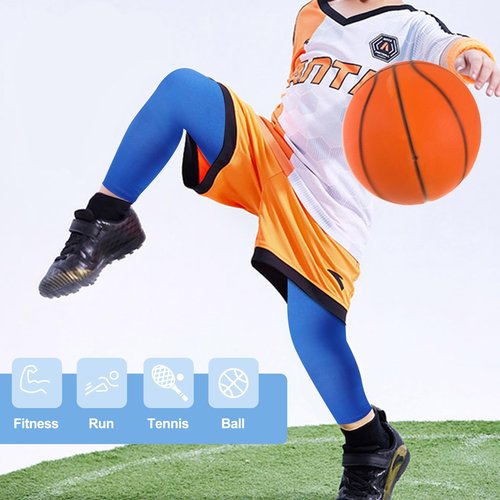 Cptoion 4 Pairs Kids Long Compression Leg Sleeves - Non Slip UV Protection Full Length Sleeves for Boys & Girls (Black, White, Blue, Grey)