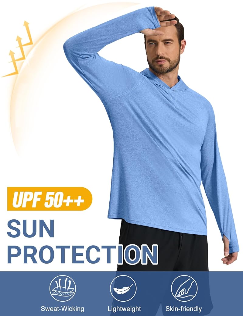 COOFANDY Men's UPF 50+ Fishing Shirt Hooded Long Sleeve Rash Guard, A-light Blue, Large