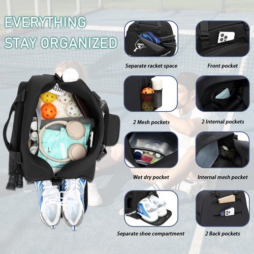 BISKLNDN Pickleball Bag for Women and Men, Pickleball Tote Bag with Various Zipper Pockets for Balls, Paddles, Shoes, Movil Phone and Power Bank with a Fence Hook, Black