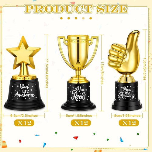 Lenwen Gold Trophy Awards - 36 Pack Mini Thumbs Up Trophies for Students | Perfect for Sports & Classroom