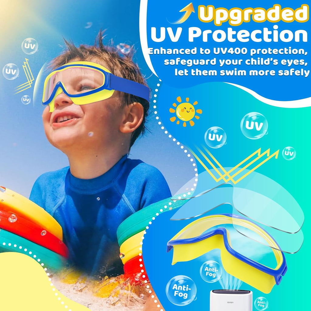 Vvinca Kids Swim Goggles - Comfortable Fabric Strap, Wide View, Anti-Fog & UV Protection for Ages 3-14