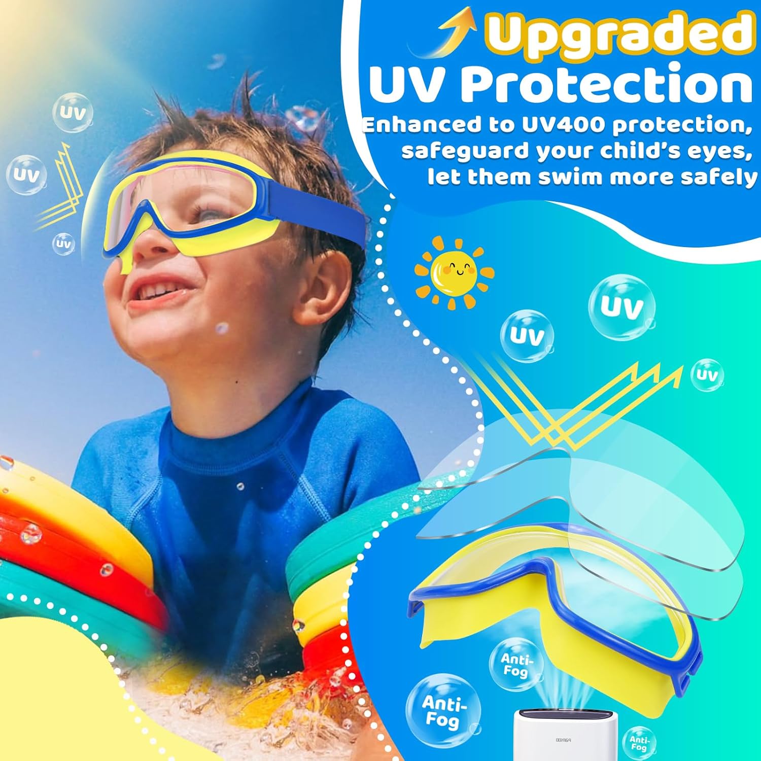 Vvinca Kids Swim Goggles - Comfortable Fabric Strap, Wide View, Anti-Fog & UV Protection for Ages 3-14