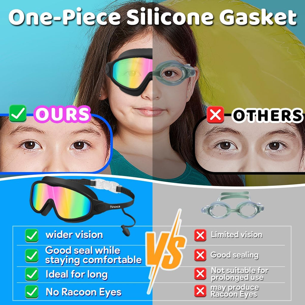 Vvinca Swim Goggles - Kids' Anti-Fog & UV Protection Goggles with Earplugs & Nose Clip | Ages 3-15