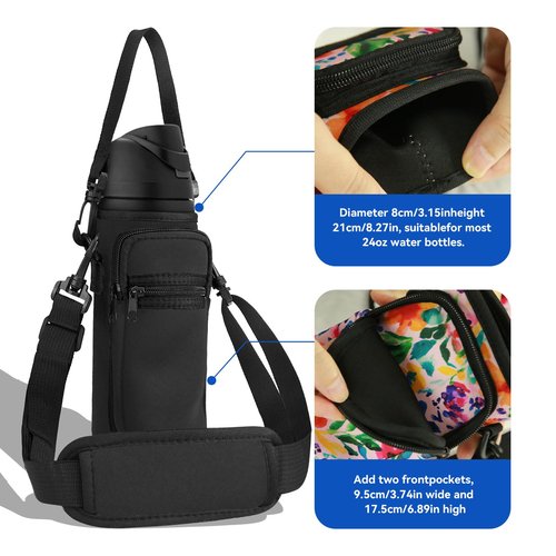 SLEILIN Neoprene Water Bottle Holder Bag with Cell Phone Pocket Compatible with Owala FreeSip 24 oz，Water Bottle Carrying Bag ，with Adjustable Shoulder Strap,for 24oz Stainless Steel Water Bottle
