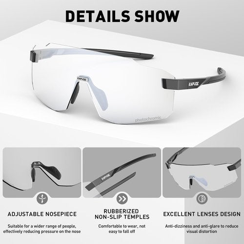 KAPVOE Photochromic Cycling Glasses for Men Women Sport Sunglasses UV Protection Driving Mountain Running MTB Frameless K341