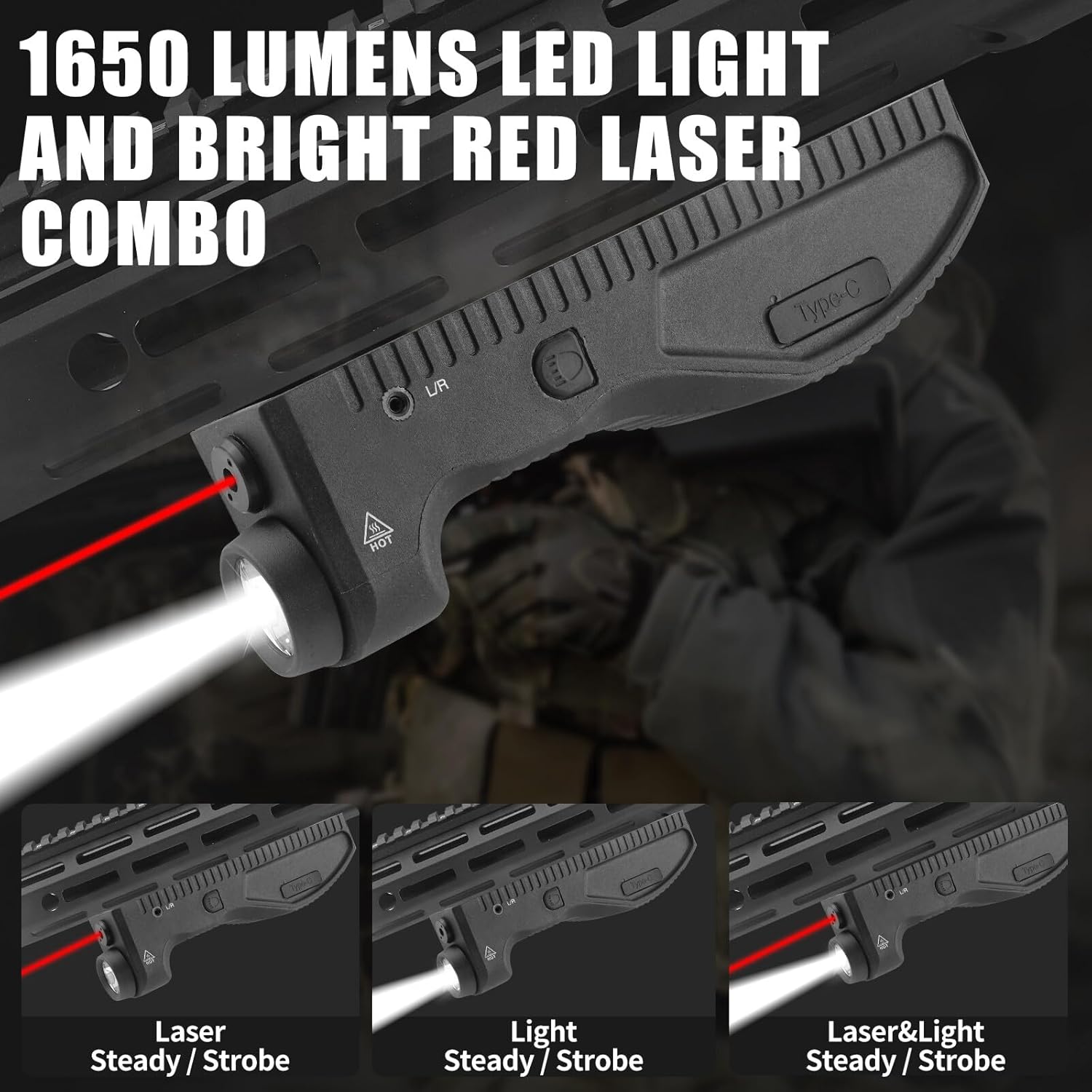 ZBULAR 1650 Lumens Flashlight with Strobe Function & Red Laser Sight - USB-C Rechargeable