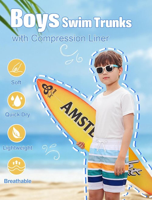 Belovecol Boys Swim Trunks - Quick Dry Anti-Chafe Swim Shorts with Compression Liner | UPF 50+, Sizes 7-20T