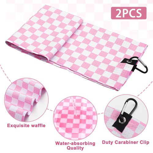 Hillsuren 3 Pcs Pink Golf Towel and Brush Set 2 Pcs Pink and White Checkered Towels with Clip 1 PC Club Brush Microfiber Towels for Golf Bags Accessories Kit