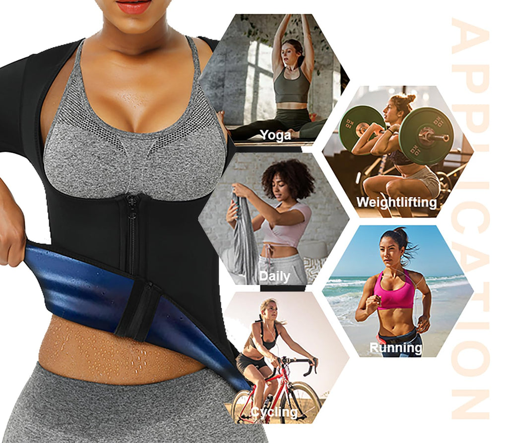 Sauna Suit Shirt for Women Sweat Vest Waist Trainer Long Sleeve Workout Thermal Top Zipper Long Sleeve L