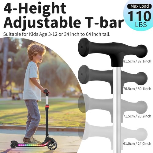 BELEEV A9 Kids Scooter - LED Light-Up Wheels & Deck, Adjustable Handlebar, 3-Wheel Design for Ages 3-12