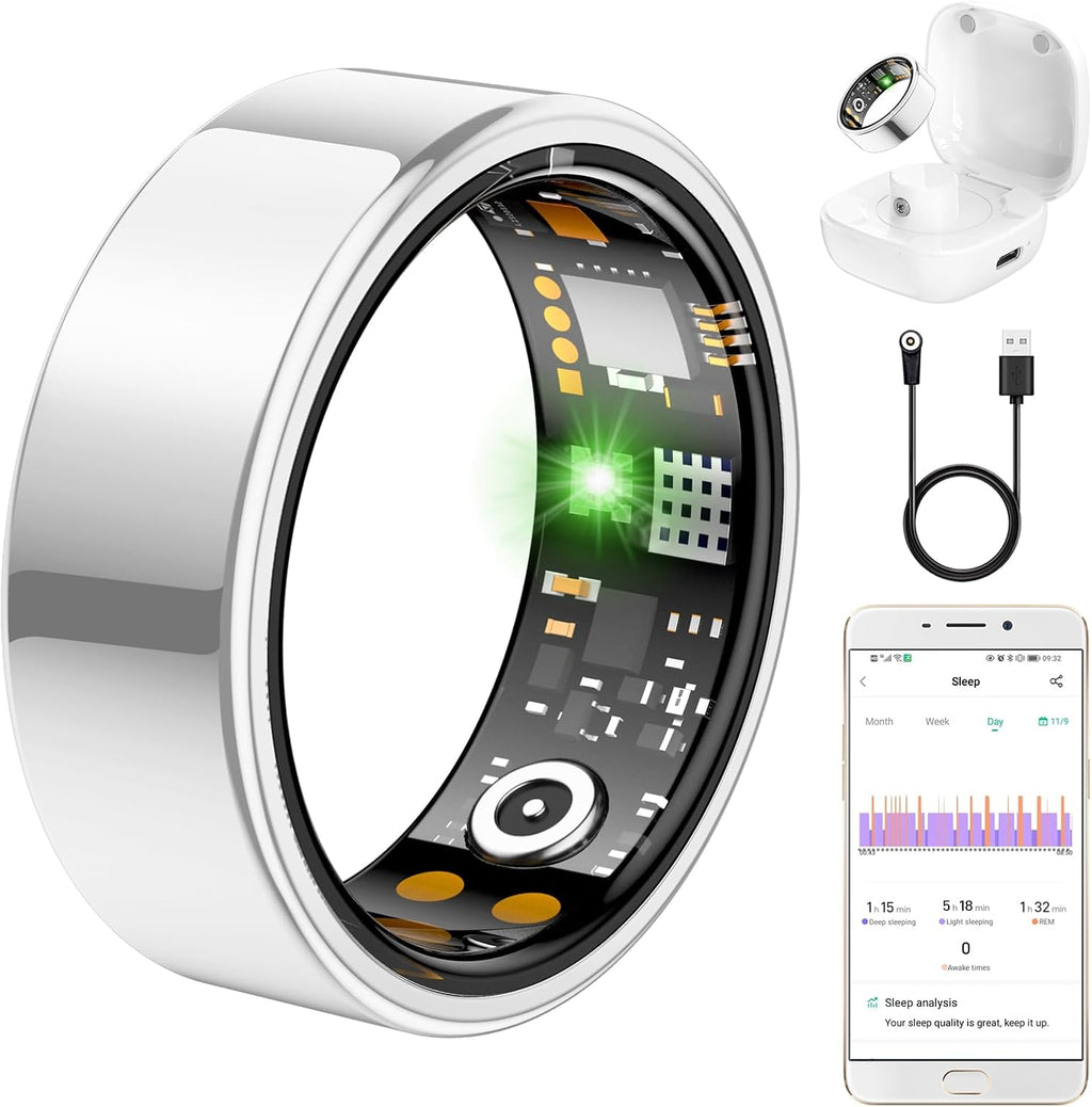 Skiennix Smart Ring - Health Tracker for Men & Women | Heart Rate, Blood Oxygen, Sleep Monitor | IP68 Waterproof (Silver, Size 11)