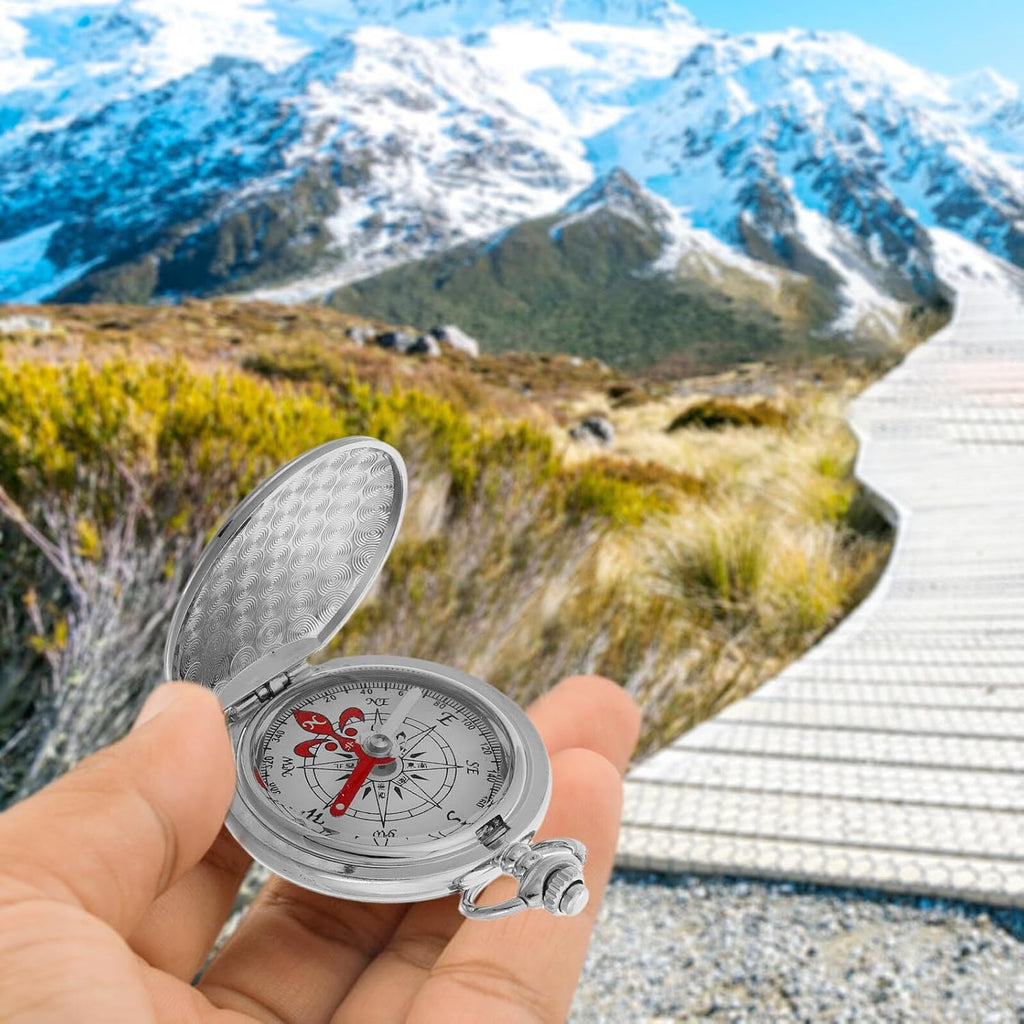 Skiennix Luminous Pocket Watch Compass - Vintage Flip Cover for Outdoor Navigation | Silver Zinc Alloy
