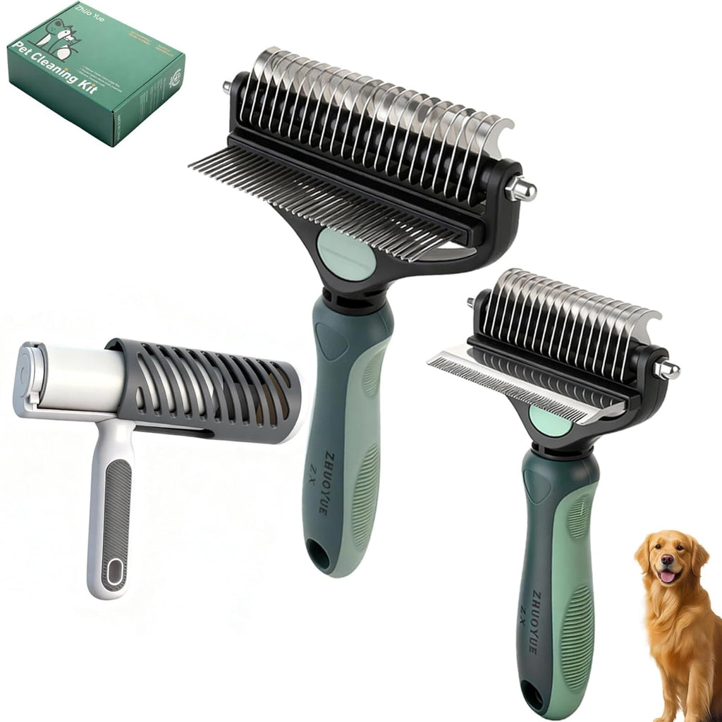 Skiennix 3-in-1 Deshedding Dog Brush - Grooming Tool with Undercoat Rake & Dematting Comb for Medium to Large Dogs - Peacock Green