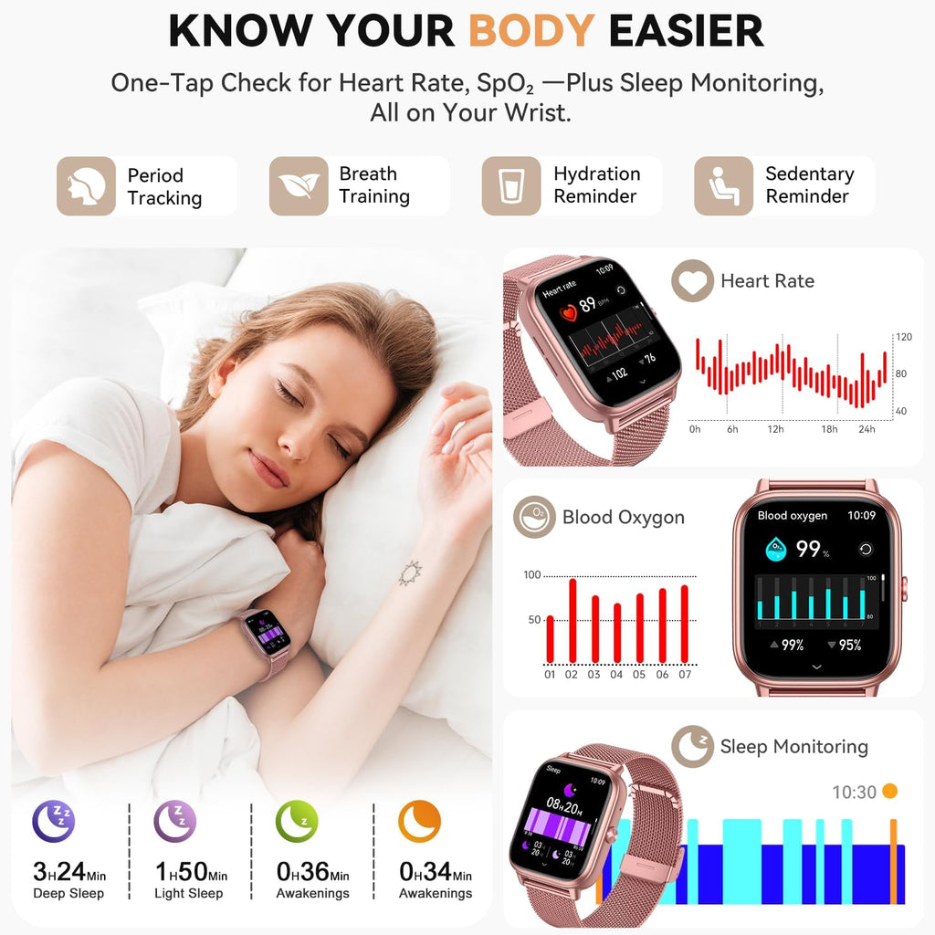 Skiennix Smart Watch | 1000mAh Battery, Call Function & Fitness Tracker | Pink, 3 Straps, iOS/Android Compatible
