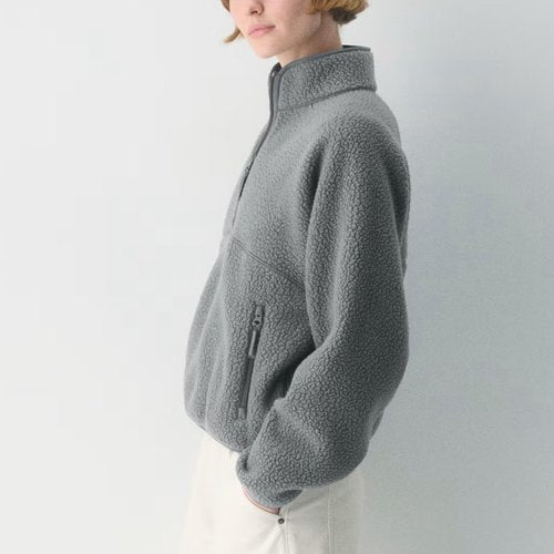 Keeliya Womens Fleece Sweatshirts Cropped Half Zip Fuzzy Warm Sherpa Pullover Varsity Jackets with Zipper Pockets(Dark-Grey,M)