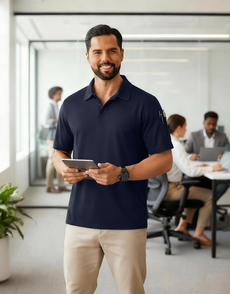COOFANDY Men's Quick Dry Polo Shirt with Pen Pocket - Navy Blue, XXL