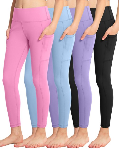 ATHVOTAR Girls Leggings with Pockets: High Waisted Yoga Workout Athletic Dance Running Pants 4 Packs Black/Violet/Pure Blue/Pink L