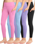 ATHVOTAR Girls Leggings with Pockets: High Waisted Yoga Workout Athletic Dance Running Pants 4 Packs Black/Violet/Pure Blue/Pink L