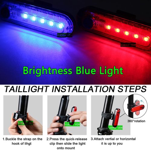 2 Pack USB Rechargeable LED Bike Tail Light Bicycle Rear Cycling Night Essential Reflector Seat Back Safety Lamp 4 Modes Waterproof Bright Warning Flash MTB Light for Men Women Kids (Blue)