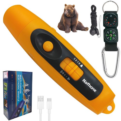 Rechargeable Bear Horn to Scare Bears, 125dB Electronic Air Horn with LED Flashlight & Compass & Thermometer, Electronic Whistle Bear Bells for Safety Hiking Camping Emergency Self Defense (Orange)