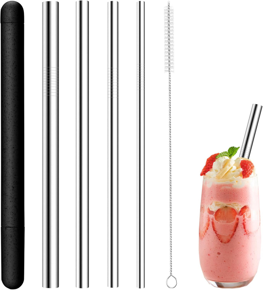 Skiennix 4-Pack Stainless Steel Straw Set - Reusable & Dishwasher Safe - 215mm Length, Multiple Diameters (Black)